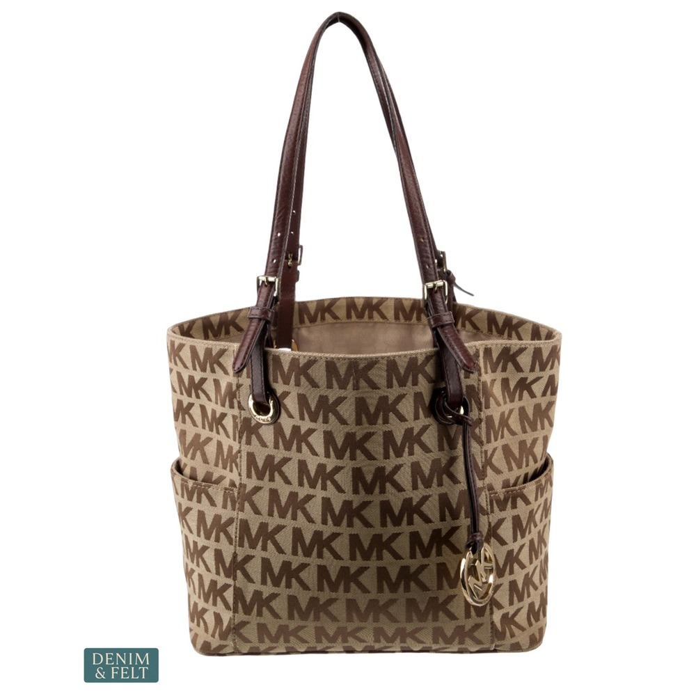 Michael Kors Signature Logo Canvas Tote Brown Shoulder Bag Gold‎ Hardware Purse